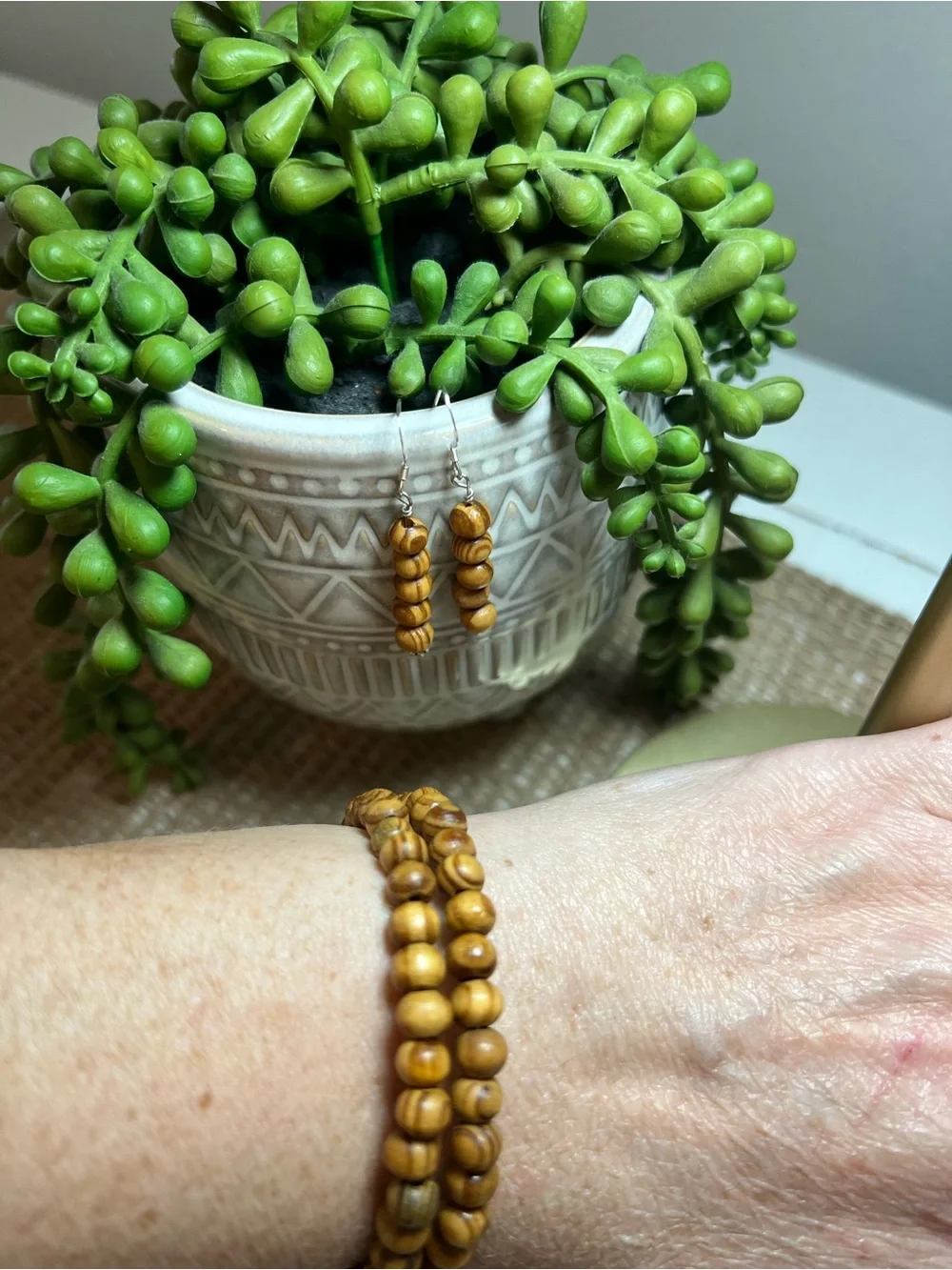 Natural Wood Bead memory wire Bracelet & Earrings Set - Tan